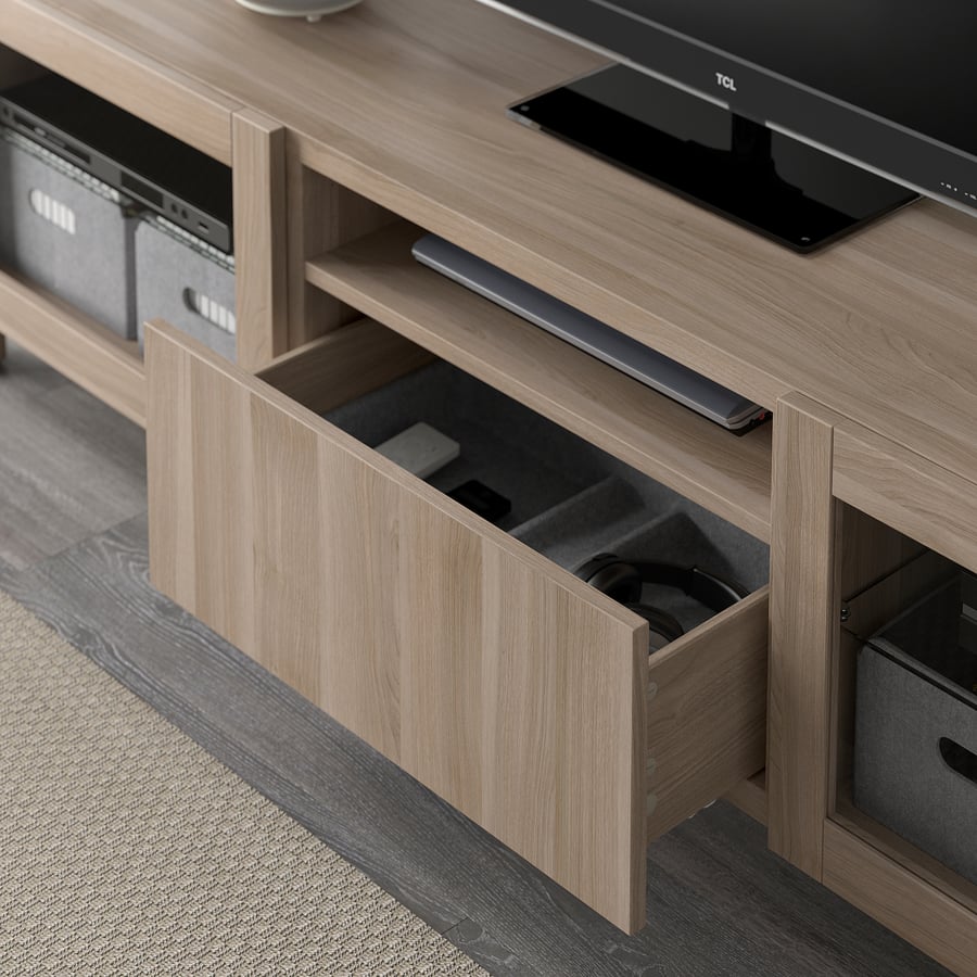 BESTÅ TV bench, walnut effect light gray/Lappviken/Stubbarp gray stained walnut eff clear glass