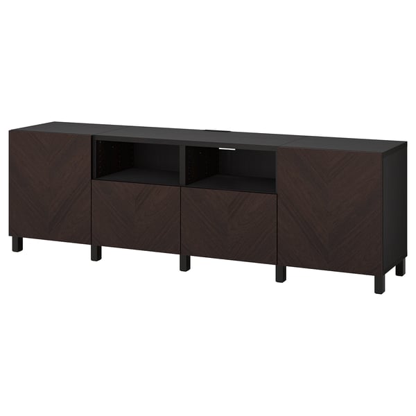 BESTÅ TV bench with doors and drawers, black-brown Hedeviken/Stubbarp/dark brown stained oak veneer, 94 1/2x16 1/2x29 1/8 "