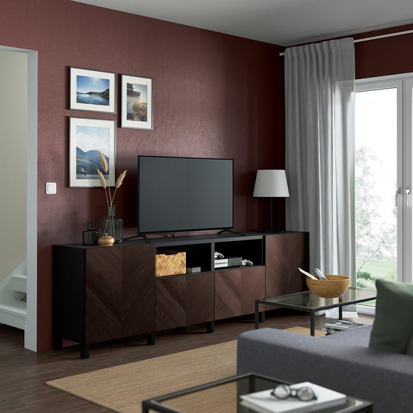 BESTÅ TV bench with doors and drawers, black-brown Hedeviken/Stubbarp/dark brown stained oak veneer, 94 1/2x16 1/2x29 1/8 "