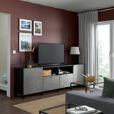 BESTÅ TV bench with doors and drawers, black-brown/Kallviken/Stubbarp dark gray, 94 1/2x16 1/2x29 1/8 "
