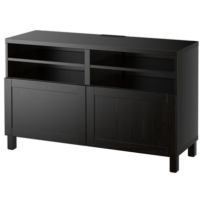 Black BESTÅ tv stand with adjustable shelves and cable management, modern design.