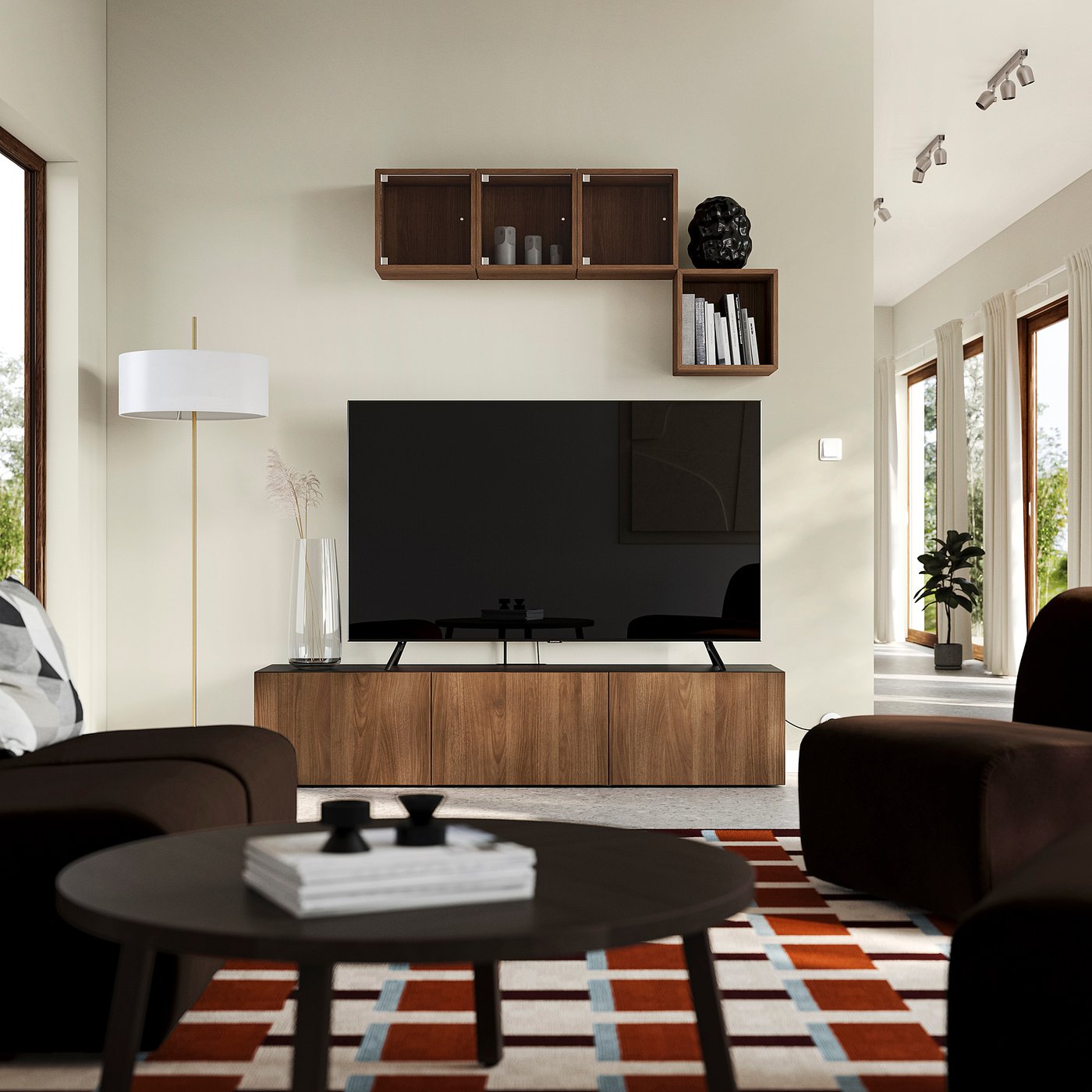 BESTÅ TV bench with doors, black-brown/Lappviken walnut effect