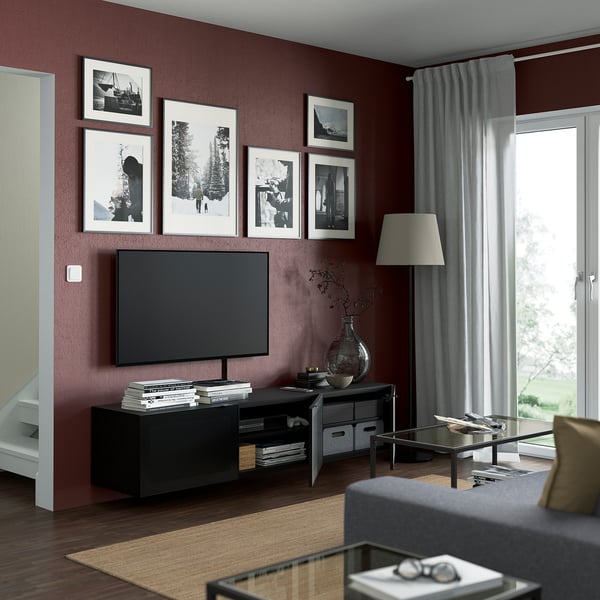 BESTÅ TV bench with doors, black-brown/Mörtviken black, 70 7/8x16 1/2x15 "