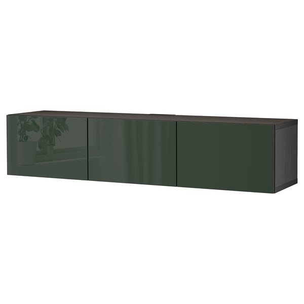 BESTÅ TV bench with doors, black-brown/Selsviken dark olive-green, 70 7/8x16 1/2x15 "