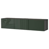 BESTÅ TV bench with doors, black-brown/Selsviken dark olive-green, 70 7/8x16 1/2x15 "