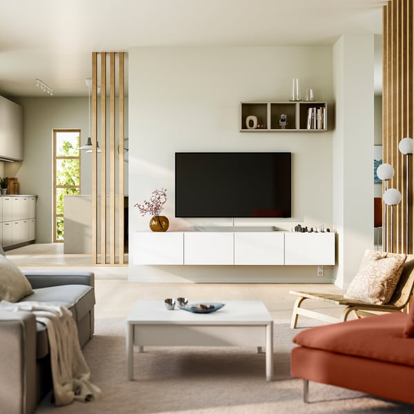 BESTÅ TV bench with doors, white/Lappviken white, 94 1/2x16 1/2x15 "