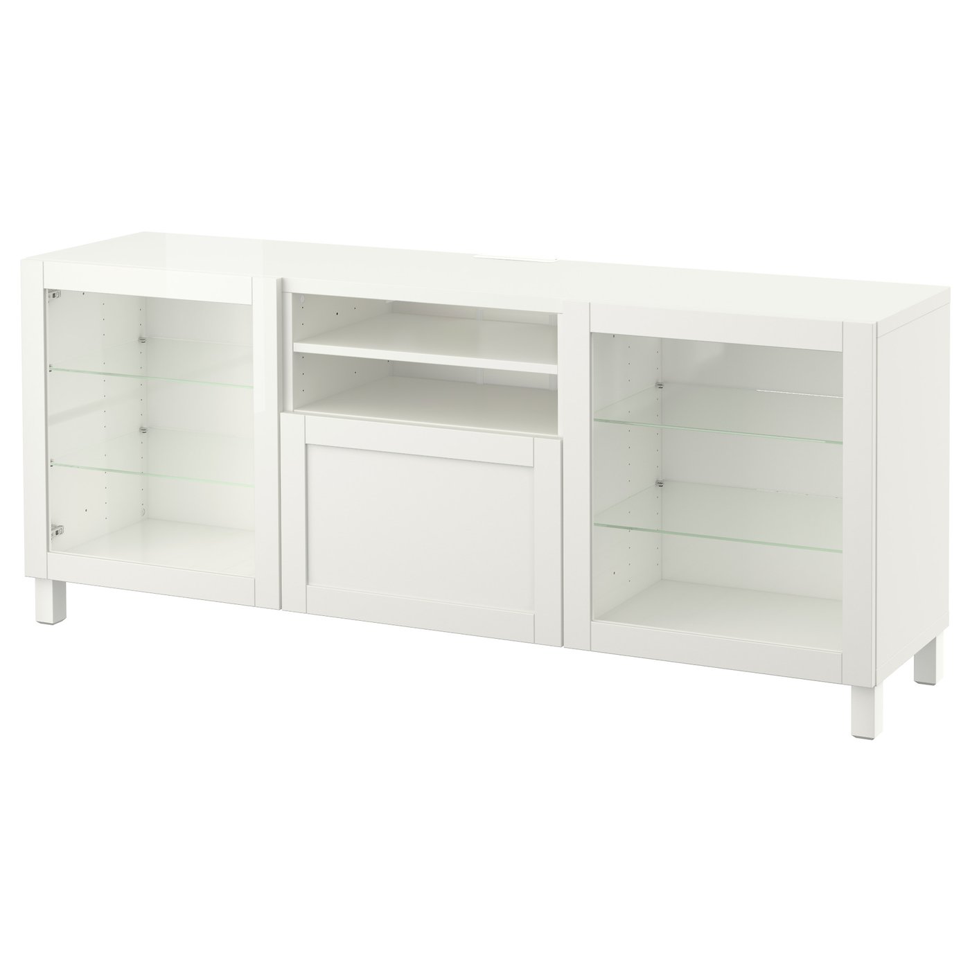 BESTÅ TV bench with drawers, white/Hanviken/Stubbarp white clear