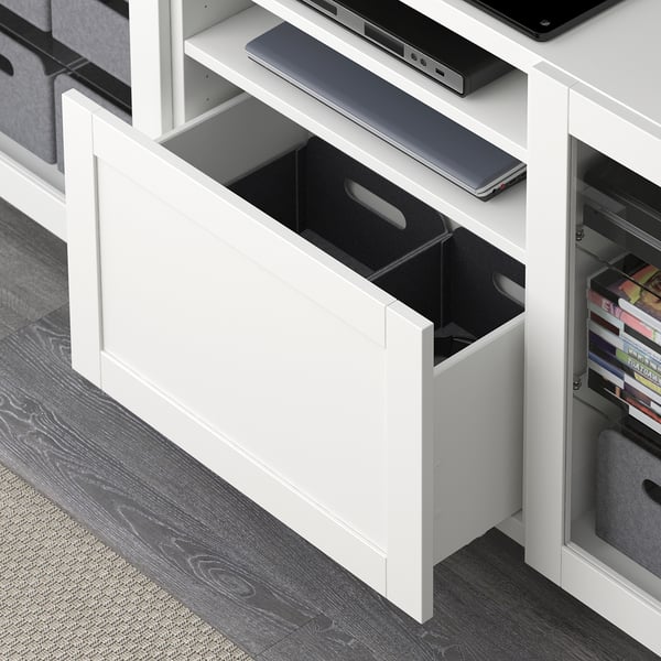 BESTÅ TV bench with drawers, white/Hanviken/Stubbarp white clear glass, 70 7/8x16 1/2x29 1/8 "