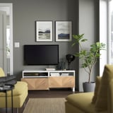 BESTÅ TV bench with drawers, white/Hedeviken/Stubbarp oak veneer, 47 1/4x16 1/2x18 7/8 "