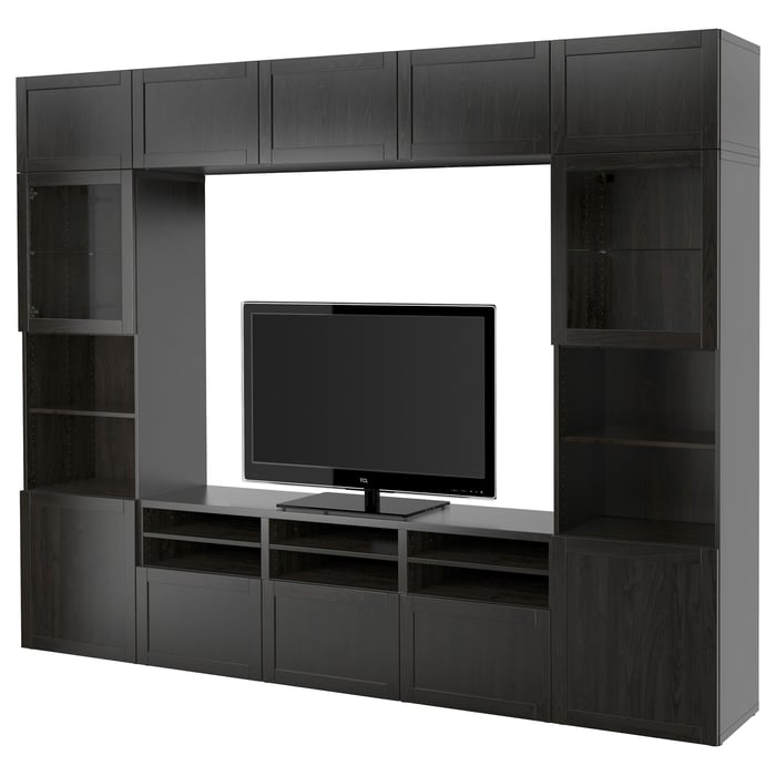 BESTÅ TV storage combination/glass doors, blackbrown/Hanviken black