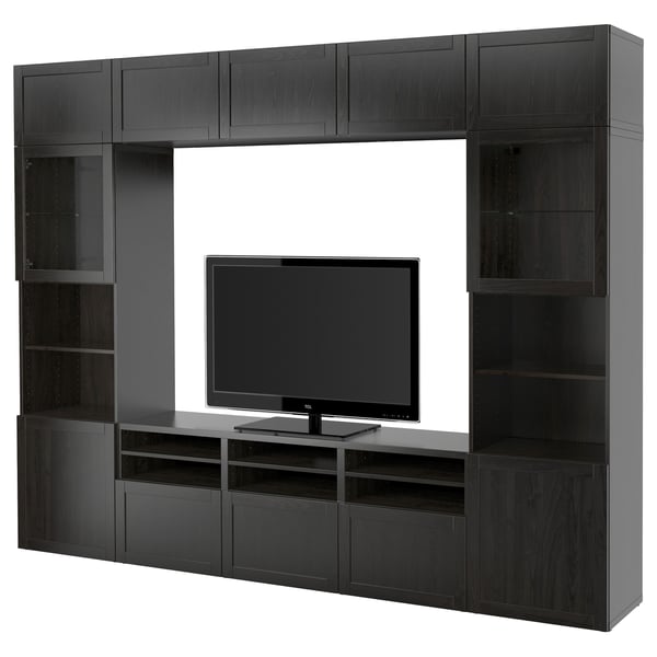 BESTÅ TV storage combination/glass doors, black-brown/Hanviken black-brown clear glass, 118 1/8x16 1/2x91 "