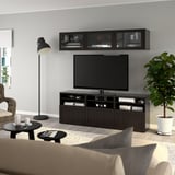 BESTÅ TV storage combination/glass doors, black-brown/Hanviken black-brown clear glass, 70 7/8x16 1/2x75 5/8 "