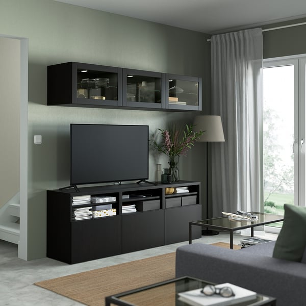 BESTÅ TV storage combination/glass doors, black-brown/Lappviken black-brown clear glass, 70 7/8x16 1/2x75 5/8 "