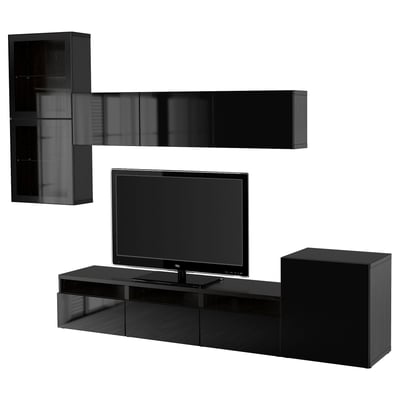 BESTÅ TV storage combination/glass doors, black-brown/Selsviken high gloss/black clear glass, 118 1/8x16 1/2x83 1/8 "