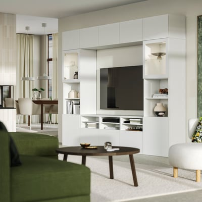 BESTÅ TV storage combination/glass doors, white/Förvaltare white, 118 1/8x16 1/2x91 "