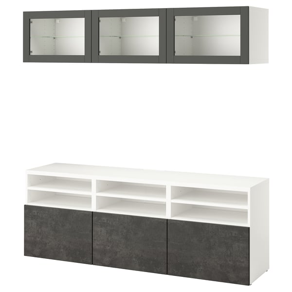 BESTÅ TV storage combination/glass doors, white Sindvik/Kallviken dark gray, 70 7/8x16 1/2x75 5/8 "