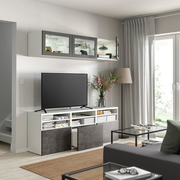 BESTÅ TV storage combination/glass doors, white Sindvik/Kallviken dark gray, 70 7/8x16 1/2x75 5/8 "