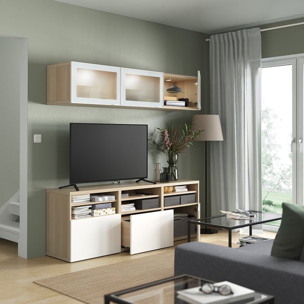 BESTÅ TV storage combination/glass doors, white stained oak effect/Selsviken high-gloss/white frosted glass, 70 7/8x16 1/2x75 5/8 "