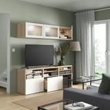 BESTÅ TV storage combination/glass doors, white stained oak effect/Selsviken high-gloss/white frosted glass, 70 7/8x16 1/2x75 5/8 "