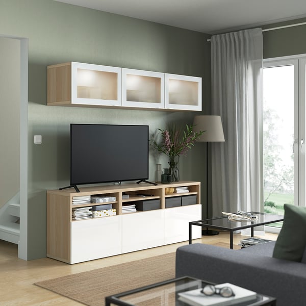 BESTÅ TV storage combination/glass doors, white stained oak effect/Selsviken high-gloss/white frosted glass, 70 7/8x16 1/2x75 5/8 "