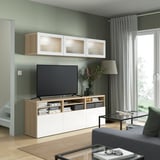 BESTÅ TV storage combination/glass doors, white stained oak effect/Selsviken high-gloss/white frosted glass, 70 7/8x16 1/2x75 5/8 "