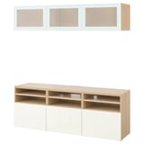 BESTÅ TV storage combination/glass doors, white stained oak effect/Selsviken high-gloss/white frosted glass, 70 7/8x16 1/2x75 5/8 "