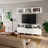 BESTÅ TV storage combination/glass doors, white/Sutterviken/Kabbarp white clear glass, 70 7/8x16 1/2x75 5/8 "