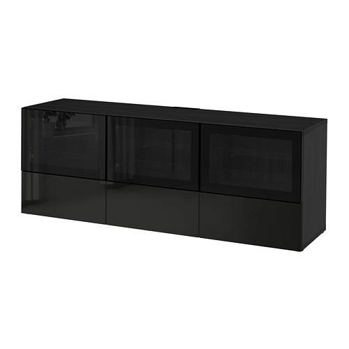 BESTÅ TV unit with doors and drawers blackbrown/Selsviken high gloss