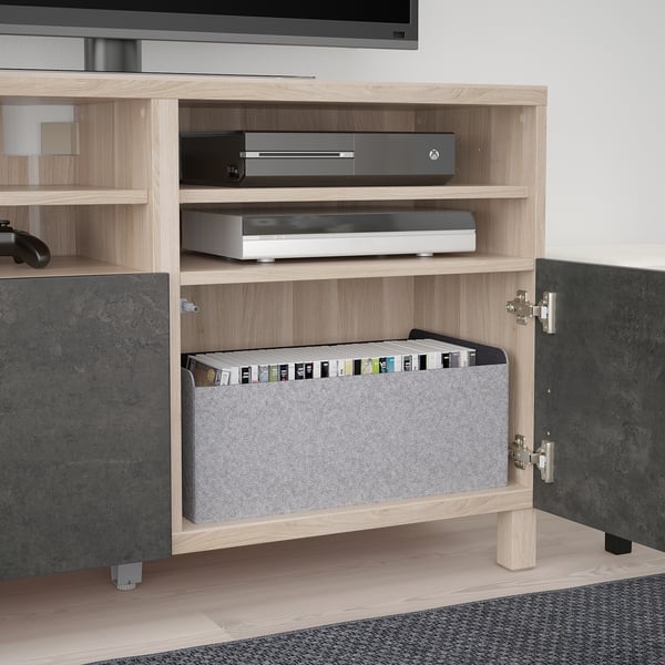 BESTÅ TV unit with doors, walnut effect light gray Kallviken/Stubbarp