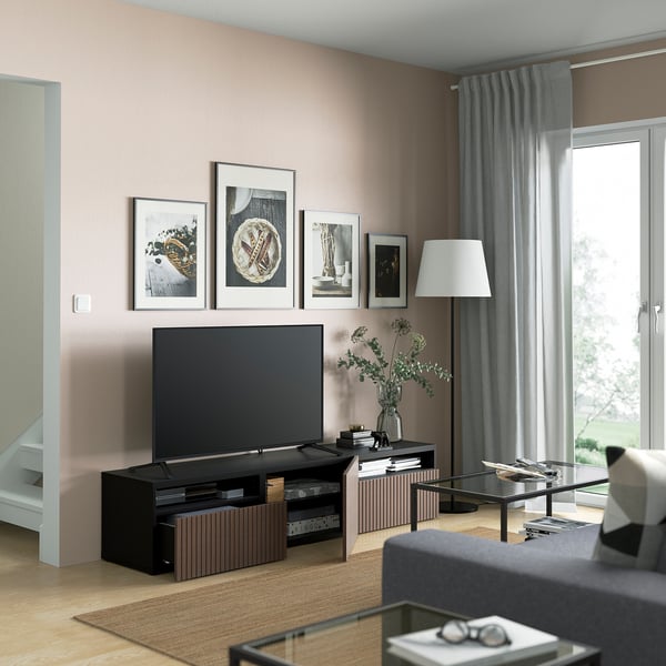BESTÅ TV unit with drawers and door, black-brown Björköviken/brown stained oak veneer, 70 7/8x16 1/2x15 3/8 "