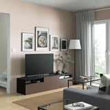 BESTÅ TV unit with drawers and door, black-brown Björköviken/brown stained oak veneer, 70 7/8x16 1/2x15 3/8 "