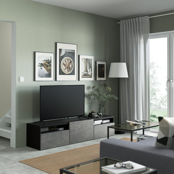 BESTÅ TV unit with drawers and door, black-brown/Kallviken dark gray, 70 7/8x16 1/2x15 3/8 "