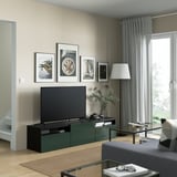 BESTÅ TV unit with drawers and door, black-brown/Selsviken dark olive-green, 70 7/8x16 1/2x15 3/8 "