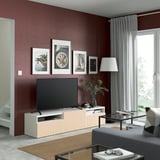 BESTÅ TV unit with drawers and door, white/Björköviken birch veneer, 70 7/8x16 1/2x15 3/8 "