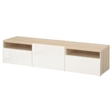BESTÅ TV unit with drawers and door, white stained oak effect/Selsviken high-gloss/white, 70 7/8x16 1/2x15 3/8 "