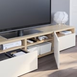 BESTÅ TV unit with drawers and door, white stained oak effect/Selsviken high-gloss/white, 70 7/8x16 1/2x15 3/8 "