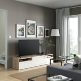 BESTÅ TV unit with drawers and door, white stained oak effect/Selsviken high-gloss/white, 70 7/8x16 1/2x15 3/8 "