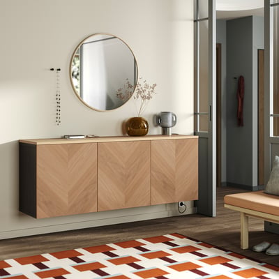 BESTÅ Wall-mounted cabinet combination, black-brown Hedeviken/oak veneer, 70 7/8x16 1/2x26 "