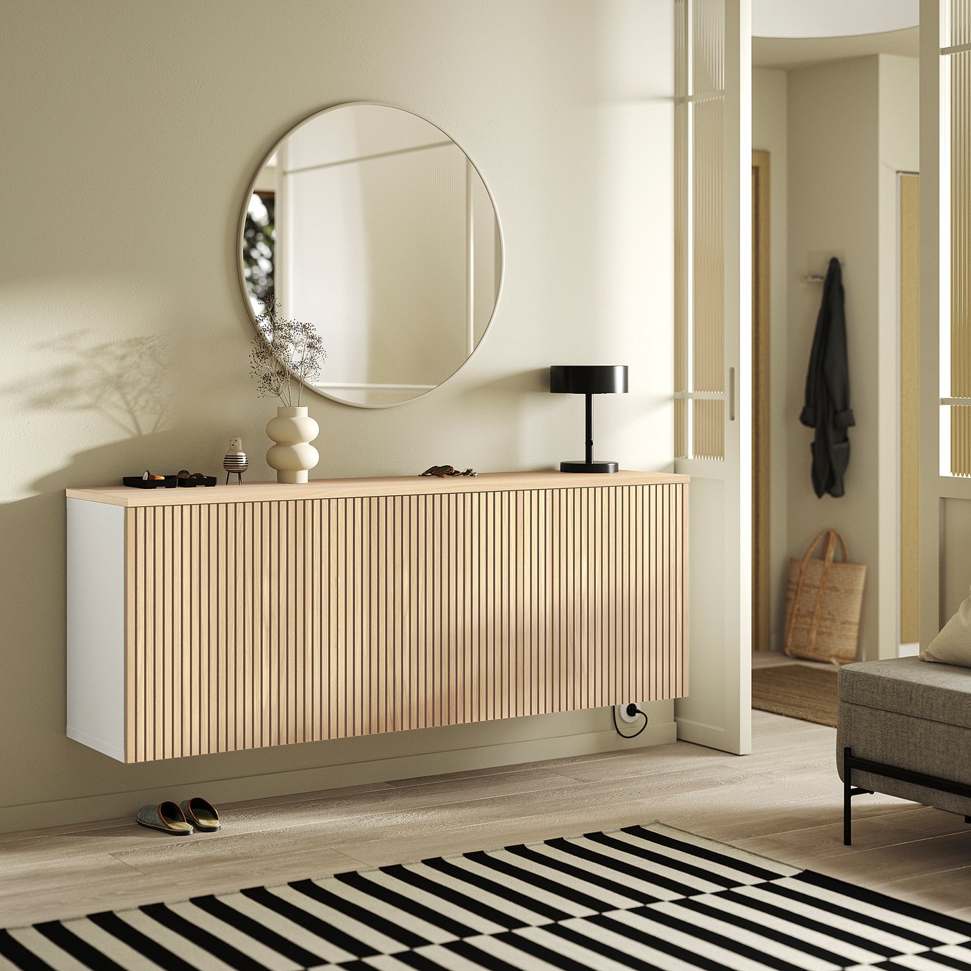 BESTÅ wall-mounted cabinet combination, white/Björköviken oak