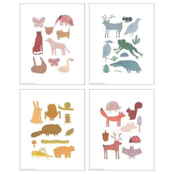 Four colourful square posters, each illustrating various animals and insects, designed by joelle wehkamp and aniek bartels, printed on paper.