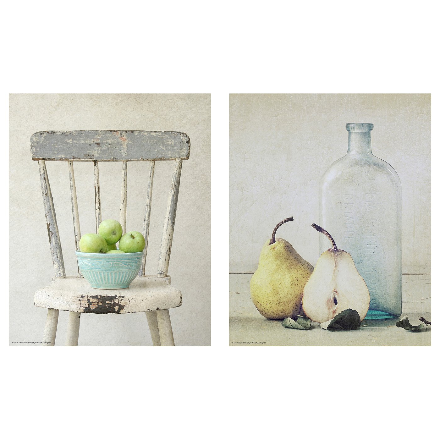 Vintage still life with fruits and glass bottle.