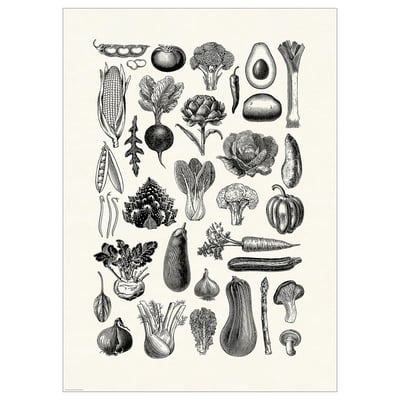 Black and white poster featuring various fruits and vegetables in detailed line art illustration.