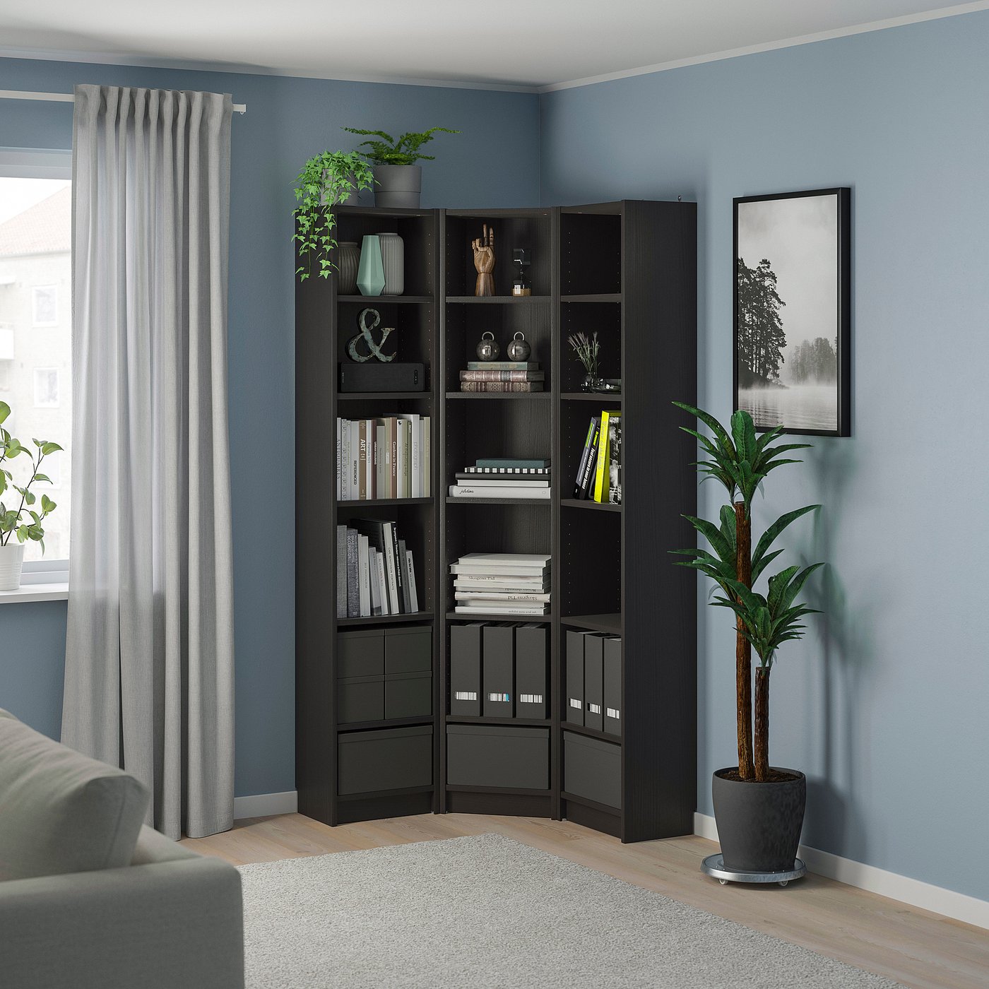 BILLY Bookcase combination/crn solution, blackbrown, 95/95x28x202 cm