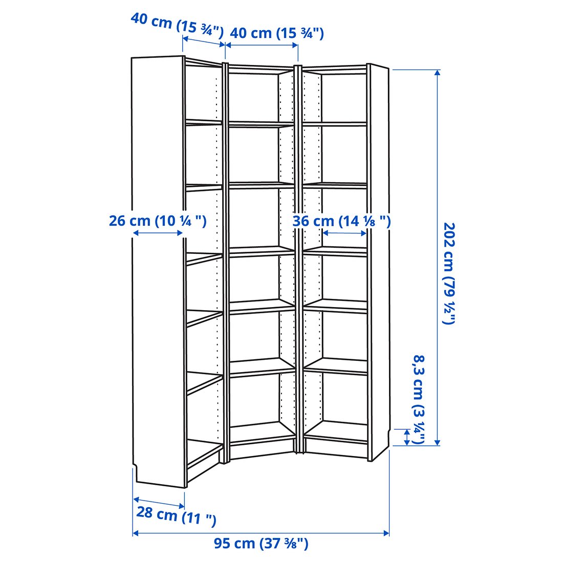 BILLY bookcase combination/crn solution, white, 95/95x28x202 cm (373/8 ...
