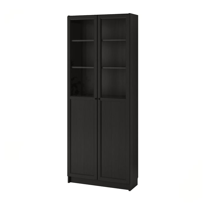 BILLY bookcase with panel/glass doors, blackbrown, 80x30x202 cm (311
