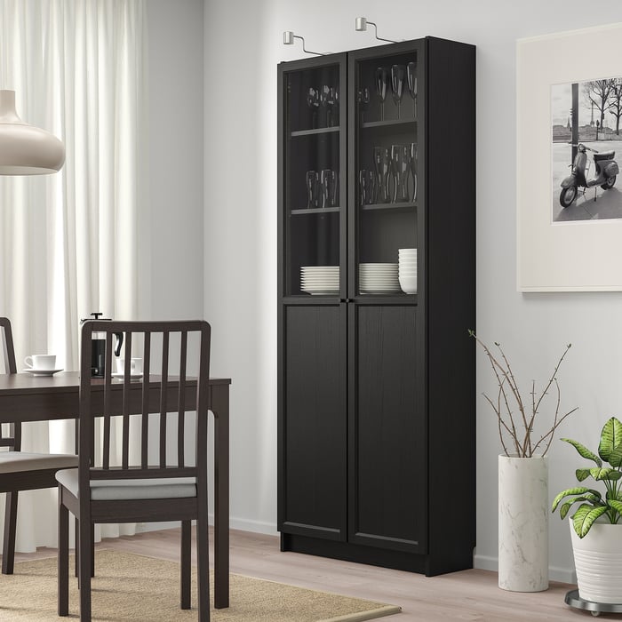 BILLY bookcase with panel/glass doors, blackbrown, 80x30x202 cm (311/2x113/4x791/2") IKEA CA