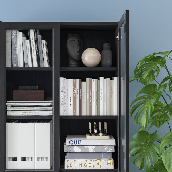 BILLY bookcase with panel/glass doors, blackbrown, 80x30x202 cm (311