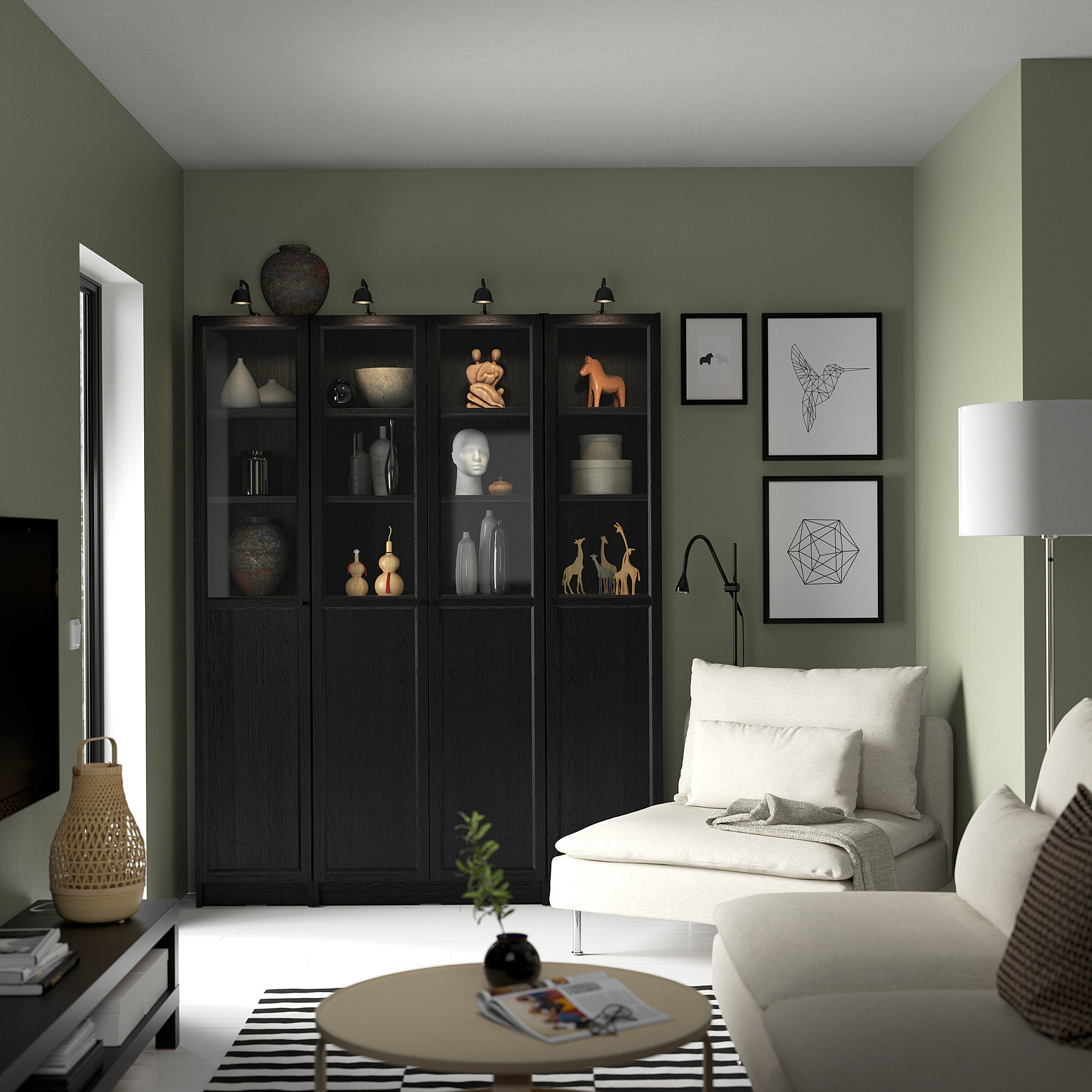 BILLY / OXBERG Bookcase comb w panel/glass doors, black oak effect, 63x79 1/2 "
