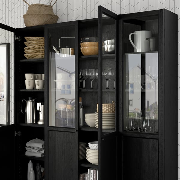 BILLY / OXBERG Bookcase comb w panel/glass doors, black oak effect, 63x79 1/2 "