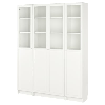 White BILLY bookcase with glass doors, minimalist design, adjustable hinges.